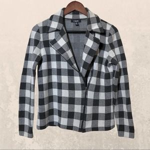 Chaps dark gray and cream buffalo plaid zip up sweater jacket size medium